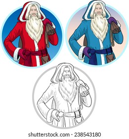 Russian and French Christmas and New Year Mythological Character Father Frost and Pere Noel in blue and red coat illustration in cartoon style