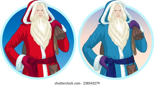 Russian and French Christmas and New Year Mythological Character Father Frost and Pere Noel in blue and red coat illustration in cartoon style