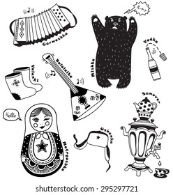 Russian funny symbols for your design.  Matryoshka, bear,  balalaika,  accordion, vodka,  felt boots, samovar of tea