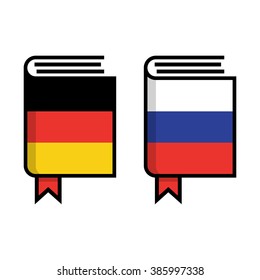 Russian German dictionary flat vector icon on white background. Learn foreign language. Book in hardcover of two flags