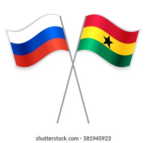 Russian and Ghanaian crossed flags. Russia combined with Ghana isolated on white. Language learning, international business or travel concept.