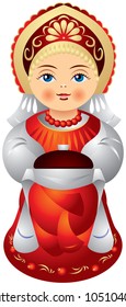 Russian girl with the bread and salt, Slavic welcome greeting ceremony, Russian souvenir doll in traditional Russian head-dress kokoshnik and red sarafan