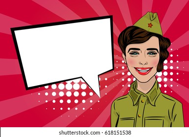 Russian girl cartoon comic pop art woman girl in uniform greetings veterans Great war. Red star on garrison cap. Vector illustration red sunbeam background. Empty speech bubble banner for text.