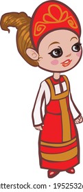 Russian girl cartoon illustration in traditional dress vector isolated on white background.