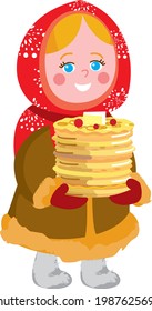 Russian girl in a fur coat treats pancakes