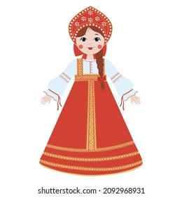 Russian girl in Russian national clothes, dress and kokoshnik.