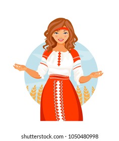 Russian girl in national costume. Welcome to Russia. Vector illustration