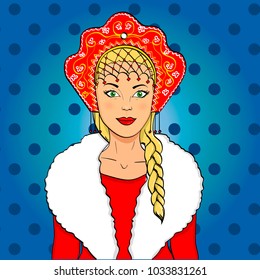 Russian girl with a scythe and in kokoshnike. National clothes of Russia. Vector pop art illustration. Imitation comic style