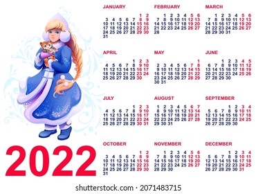 Russian girl snow maiden holding tiger symbol 2022. Calendar grid 2022 year template. Vector cartoon illustration