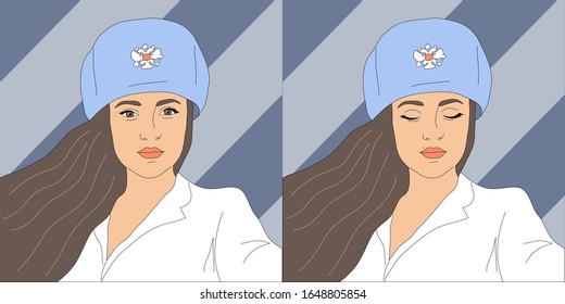 Russian girl in a typical Soviet military cap with open and closed eyes. Can be used for animation.