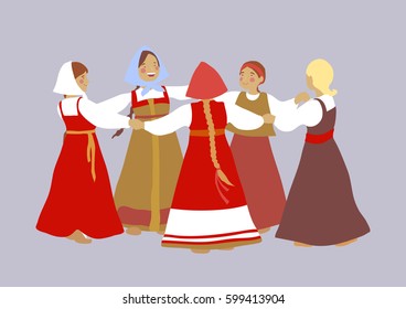 Russian girls in traditional clothes dance. A set of cartoon characters. Summer, round dance. National traditions, history, legends and epic. Thematic collection for design. Vector illustration EPS10