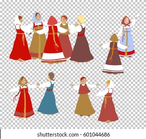 Russian girls in traditional clothes dance. Group of cartoon characters. Summer, round dance. National traditions, history, legends and epic. Thematic collection for design. Vector illustration EPS10