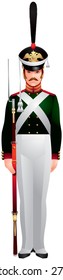 Russian Guard Grenadier on guard duty, Preobrazhensky Regiment heavy infantry Napoleonic Wars times 1812 â?? 1814 military uniform vector illustration