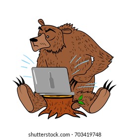 Russian hacker bear with laptop on wood stump.