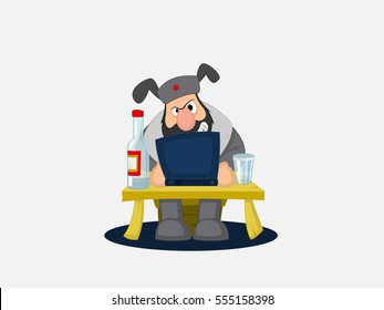 Russian hacker with bottle of vodka and laptop