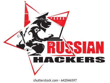 Russian hackers. Bear on the background of the Moscow Kremlin sits at the computer. Stars, balalaika, hammer and sickle, all the attributes are present. Vector.