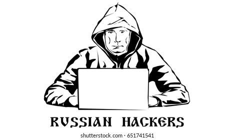 
Russian hackers. Black and white drawing. Vector