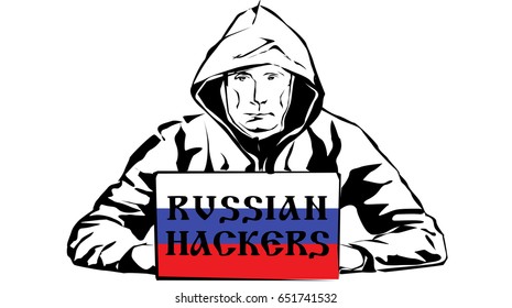 
Russian hackers. Black and white drawing.Russian flag. Vector