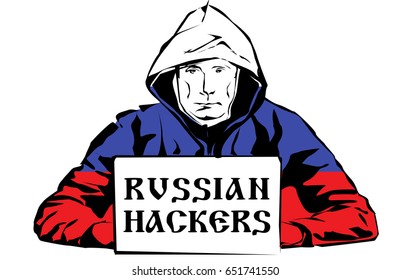 Hackers rusos. Dibujo en blanco y negro. Bandera rusa. Vector