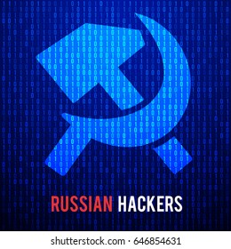 Russian hackers concept with hammer and sickle symbol. Abstract Matrix Background. Binary Computer Code. Coding and Hack concept. Vector Tech Background Illustration.