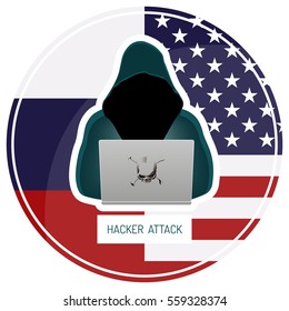 Russian hacking USA. Hacker in a dark hood sitting in front of a laptop on white background, Vector illustration.