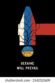 Russian hammer hits Ukrainian nut and cracks. Russian loss in the war and collapse concept. Ukraine will prevail vintage illustration t-shirt print.