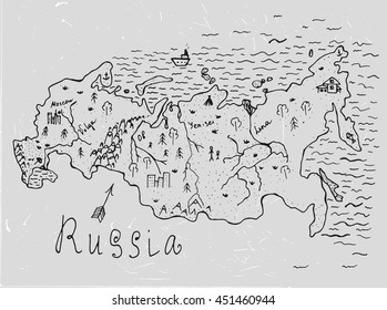 Russian hand drawn map. Editable vector illustration. Geographical concept in plain funny style on a textured background. Ink drawing concept.