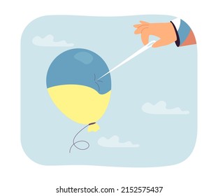 Russian hand holding balloon explosion needle. Balloon with flag of Ukraine flying into sky from person flat vector illustration. War, crisis concept for banner, website design or landing web page