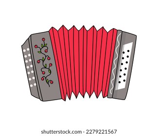  Russische Mundharmonika. Musikinstrument. Cartoon , der auf der Mundharmonika spielt. Vektorgrafik auf isoliertem Hintergrund.