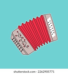  Russian harmonica. Sticker. Musical instrument. Cartoon , playing on the harmonica. Vector illustration on isolated background.