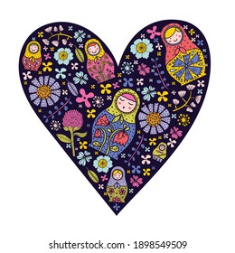 Russian heart. Cute illustration. Matryoshka and flowers. Cute babushka.