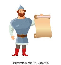 Russian hero in an old military uniform holds a scroll of parchment. Declaration of intent concept. Helmet, chain mail, boots.