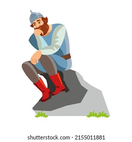 Russian hero in an old military uniform sits in the pose of a thinker. Helmet, chain mail, boots.