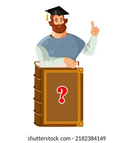 Russian hero in an old military uniform stands in a professor's cap behind the pulpit in the form of a book. The concept of a scientific approach to solving a problem