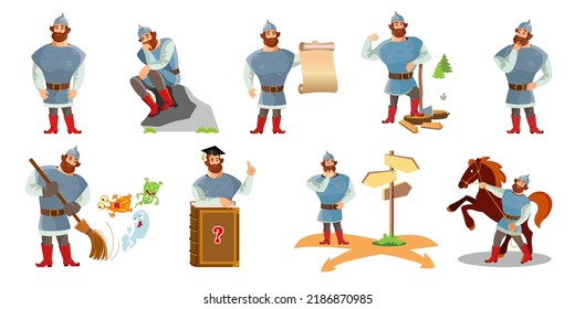 Russian hero in an old military uniform. Concepts of various life situations. Vector set character