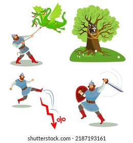 Russian hero in an old military uniform. Concepts of various life situations. Vector character