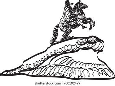 Russian history Emperor Peter the Great Bronze Horseman from Saint Petersburg sketch Russia tourism graphic line vector logo. Tsardom of Russia. House of Romanov illustration