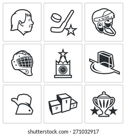 Russian hockey icon: coach, hockey, hockey stick, helmet, goalkeeper, Moscow, gates, gesture, pedestal, Cup. Vector Illustration.