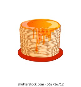 Russian holiday Maslenitsa. Pancake is a symbol of Shrovetide, isolated on white. Russian blini with honey, hand drawn, bright cartoon style