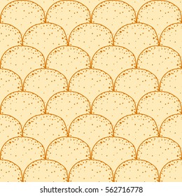 Russian holiday Maslenitsa. Pancake is a symbol of Shrovetide. Hand drawn seamless pattern, vector tileable background