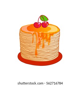 Russian holiday Maslenitsa. Pancake is a symbol of Shrovetide, isolated on white. Russian blini with honey, hand drawn, bright cartoon style