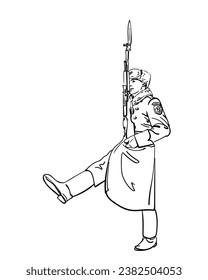 Russian honour guard marching in winter military uniform holding rifle with bayonet Vector line art sketch isolated, Kremlin regiment soldier hand drawn illustration