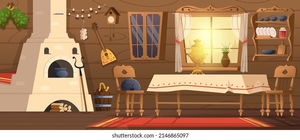 Russian house. Old slavonian room interior with vintage authentic traditional furniture exact vector cartoon background