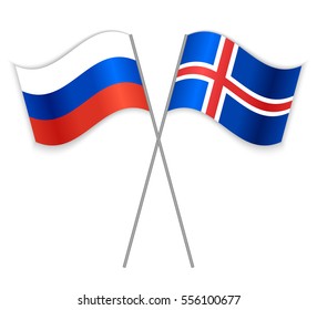 Russian and Icelandic crossed flags. Russia combined with Iceland isolated on white. Language learning, international business or travel concept.