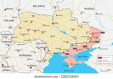 Russian invasion of Ukraine map. Status as of March 2023. Vector map with occupied territory, cities and main roads.