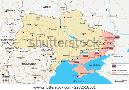 Russian invasion of Ukraine map. Status as of March 2023. Vector map with occupied territory, cities and main roads.