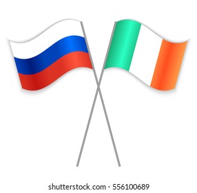Russian and Irish crossed flags. Russia combined with Ireland isolated on white. Language learning, international business or travel concept.