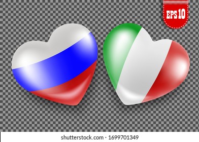 Russian and Italian flags in the shape of a heart. Help and solidarity between Russia and Italy in the fight against coronavirus COVID-19. Isolated on a transparent background. Vector illustration