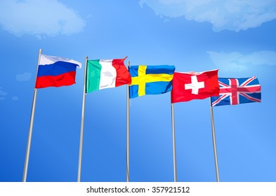 Russian, Italian, Swedish, Swiss, British flags together on blue sky background