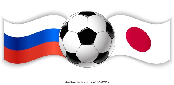 Russian and Japanese wavy flags with football ball. Russia combined with Japan isolated on white. Football match or international sport competition concept.